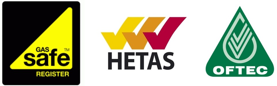 Logos of SafeRegister, HETAS, and OFTEC, representing safety and certification standards.